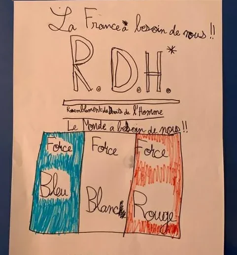 Dessin original : « La France a besoin de nous — R.D.H. — Force Bleu, Blanc, Rouge »
